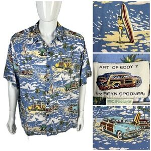 Vintage Art of Eddy Y Reyn Spooner Hawaiian Shirt 2XL Men Blue Woody Wagons Surf